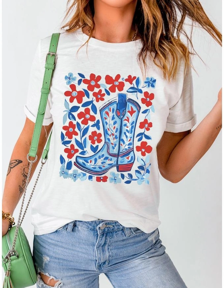 White Floral Western Boots Printed Cotton Blend T Shirt