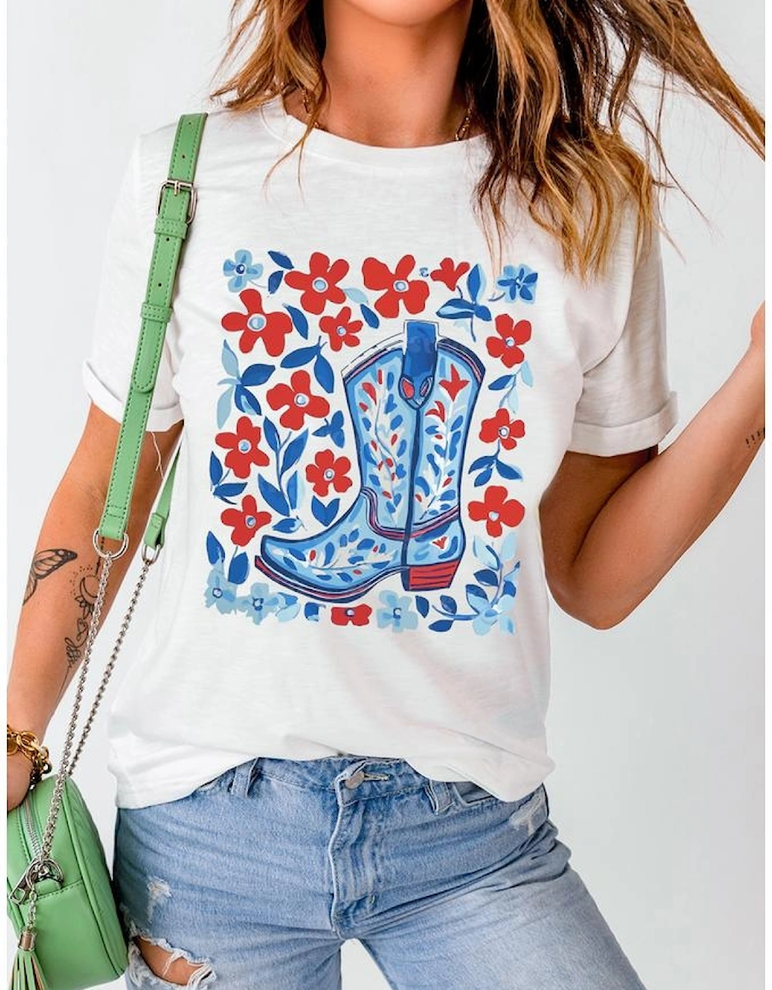 White Floral Western Boots Printed Cotton Blend T Shirt