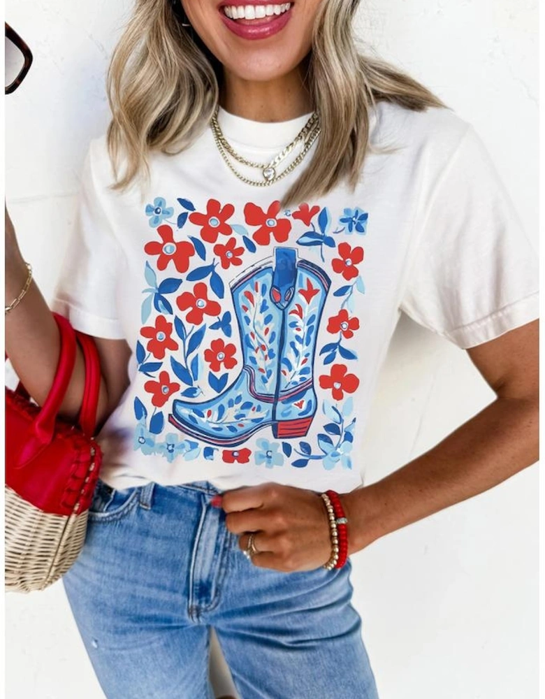 White Floral Western Boots Printed Cotton Blend T Shirt