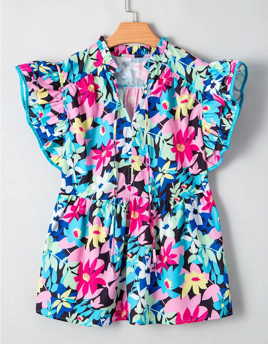 Blue Floral Flutter Sleeve Tied Notched Neck Plus Size Blouse