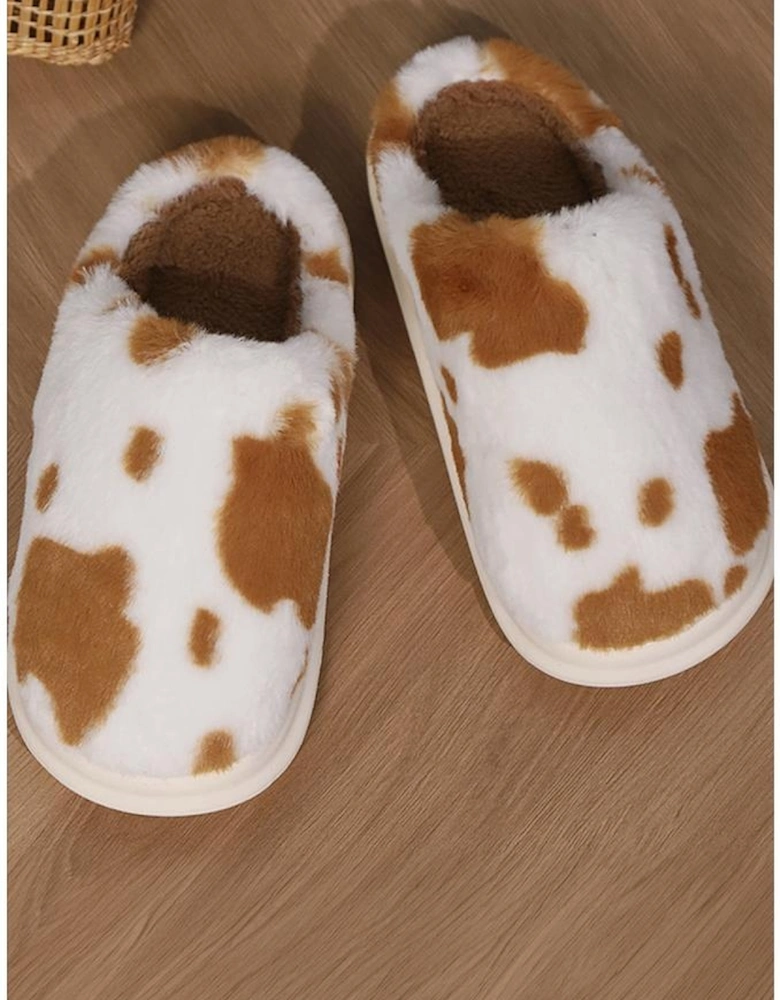Chestnut Cow Spot Printed Plush Home Slippers
