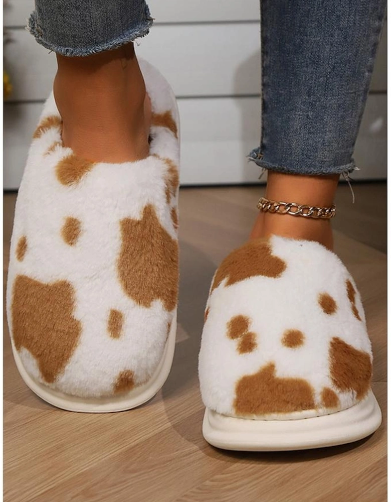 Chestnut Cow Spot Printed Plush Home Slippers
