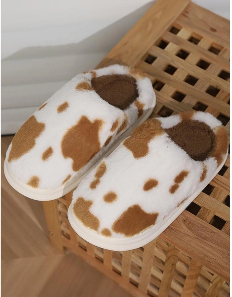 Chestnut Cow Spot Printed Plush Home Slippers