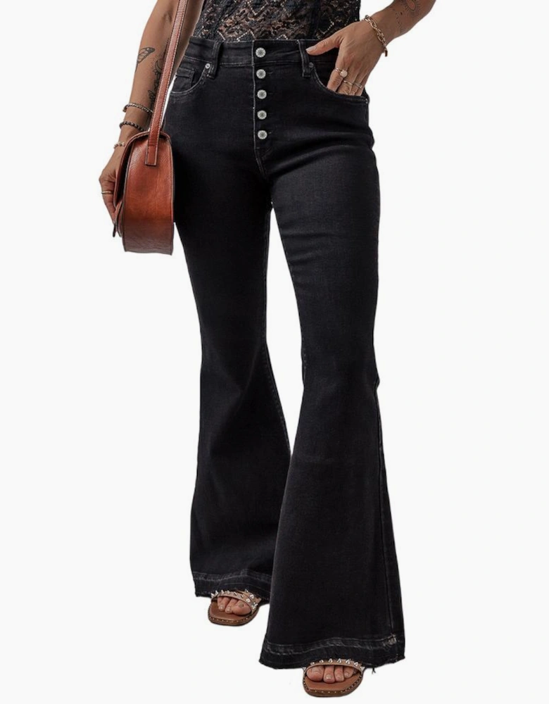 Black High Waist Button Front Flare Jeans