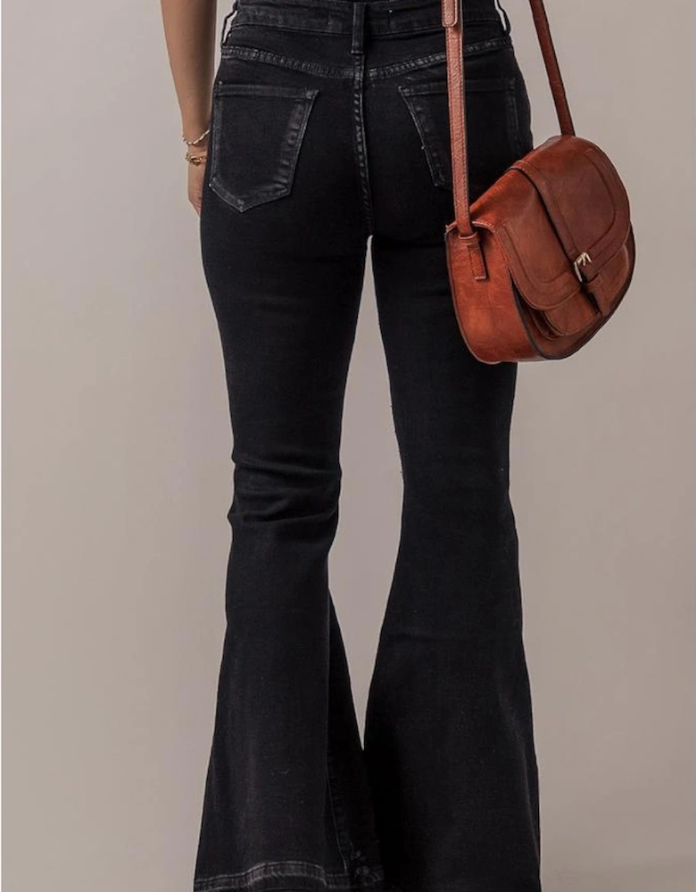 Black High Waist Button Front Flare Jeans