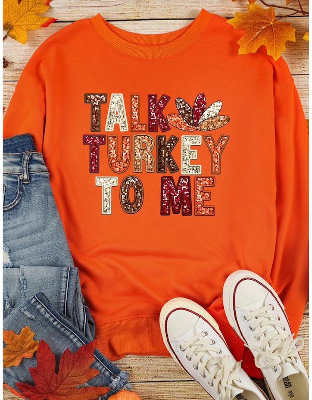 Orange TALK TURKEY TO ME Heat Transfer Printing Graphic Thanksgiving Holiday Sweatshirt