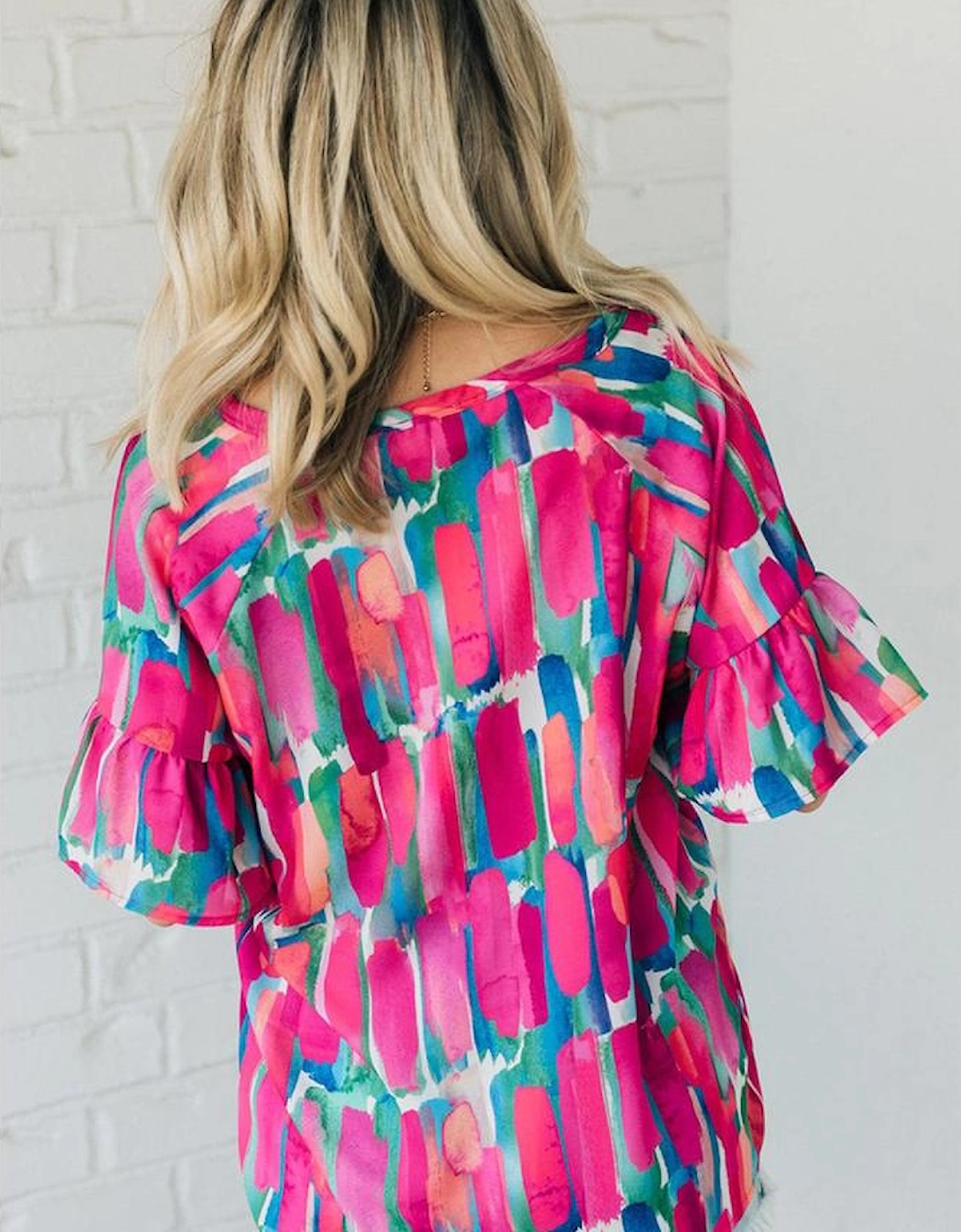 Rose Abstract Brushwork Print Buttoned V Neck Blouse