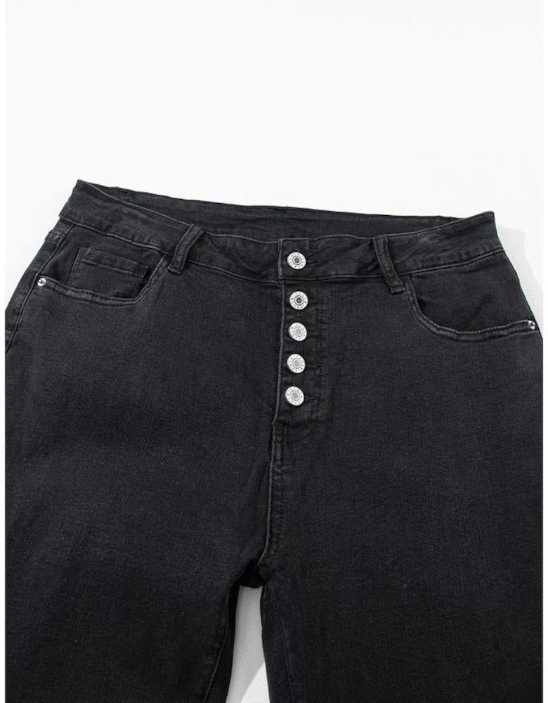 Black High Waist Button Front Flare Jeans