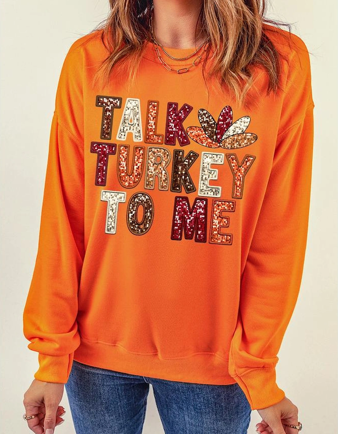 Orange TALK TURKEY TO ME Heat Transfer Printing Graphic Thanksgiving Holiday Sweatshirt
