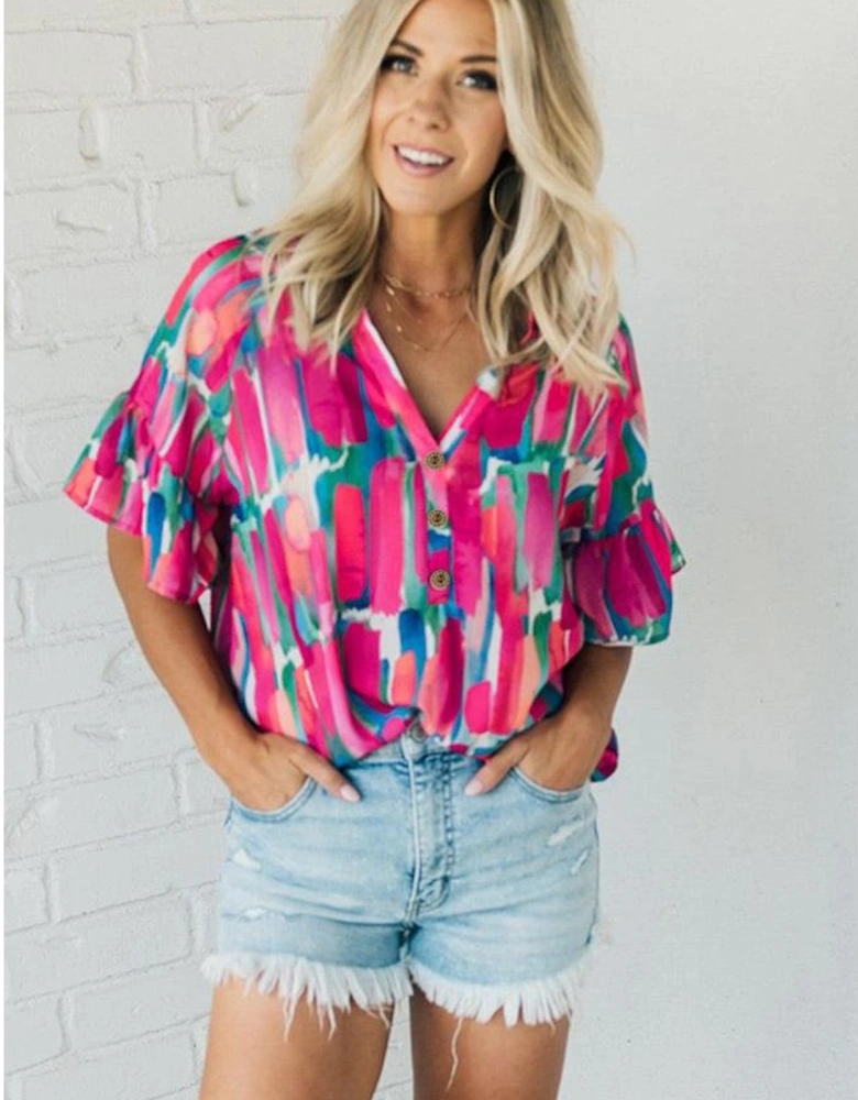 Rose Abstract Brushwork Print Buttoned V Neck Blouse
