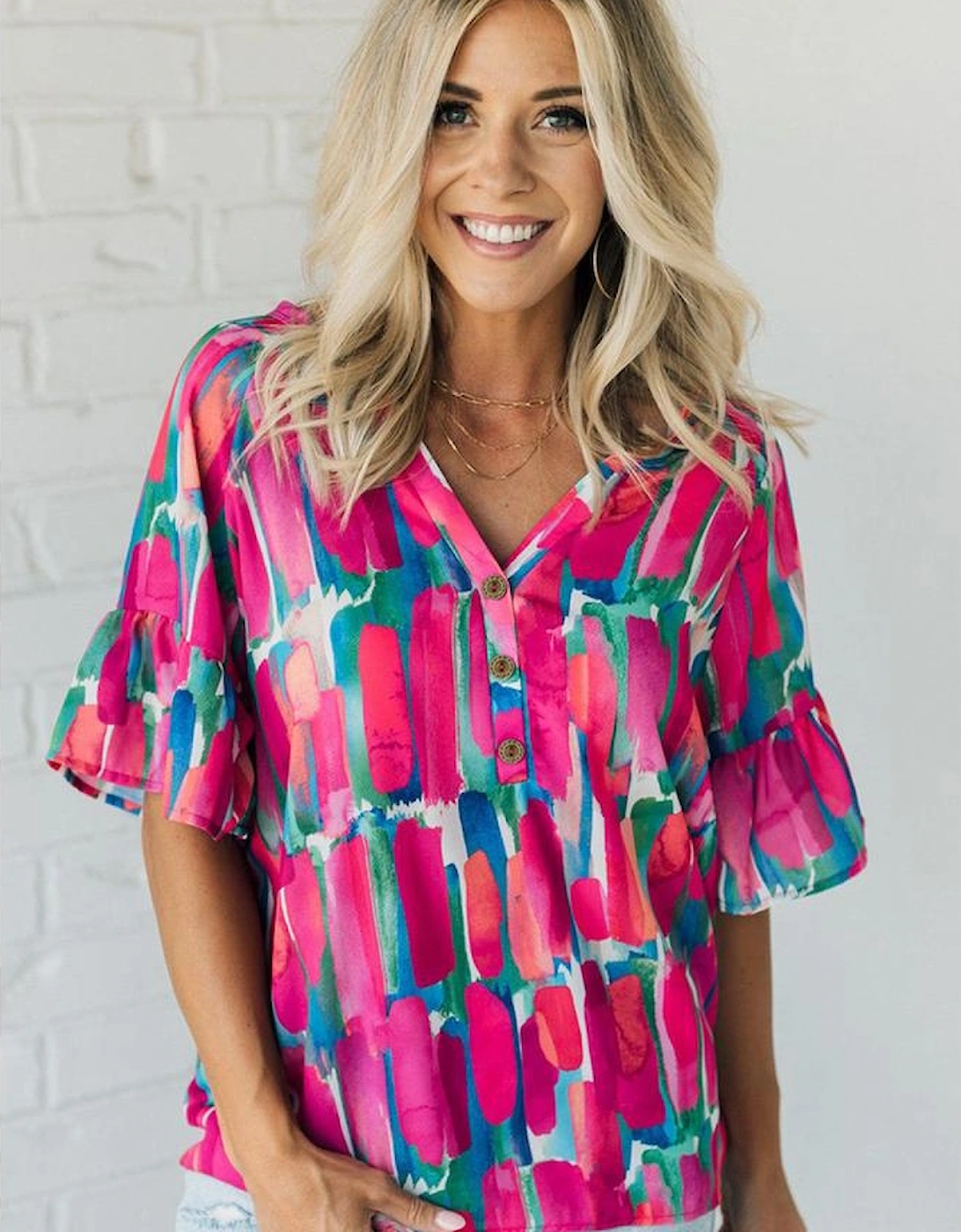 Rose Abstract Brushwork Print Buttoned V Neck Blouse