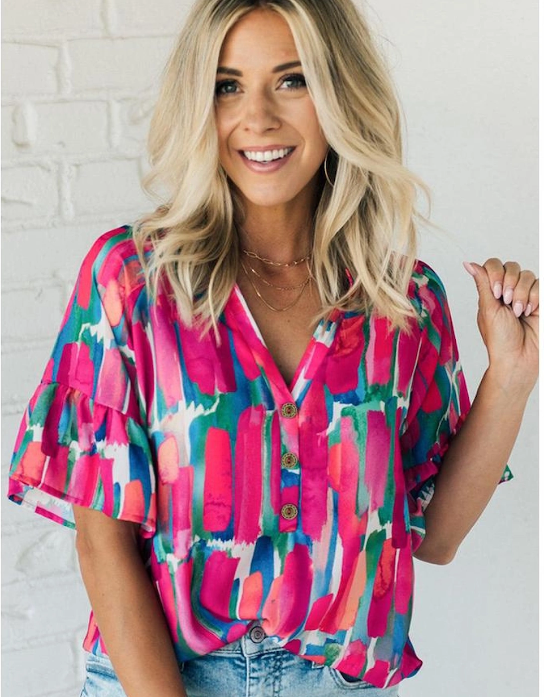 Rose Abstract Brushwork Print Buttoned V Neck Blouse