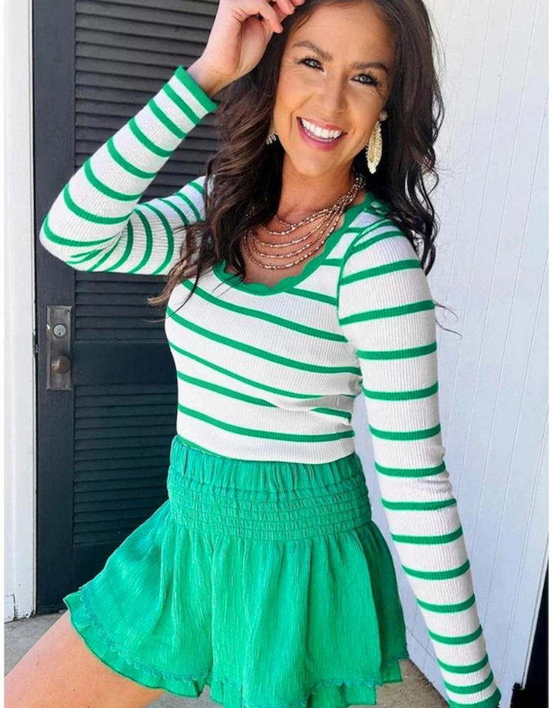 Bright Green Scalloped Trim U Neck Striped Ribbed Slim Sweater
