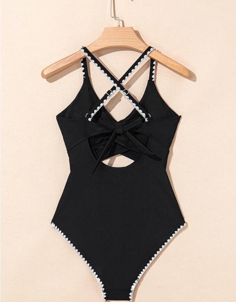 Black Ric Rac Trim Contrasted Patchwork Cutout One Piece Swimsuit