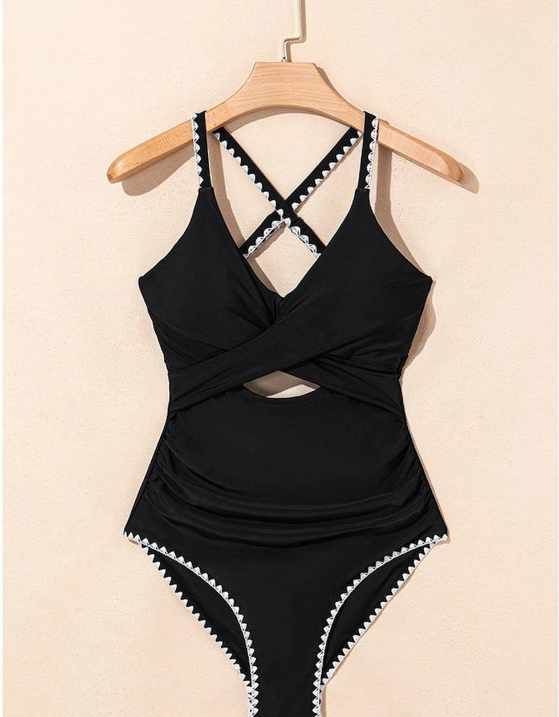Black Ric Rac Trim Contrasted Patchwork Cutout One Piece Swimsuit