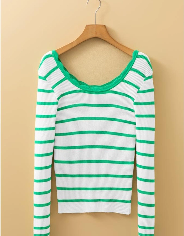 Bright Green Scalloped Trim U Neck Striped Ribbed Slim Sweater