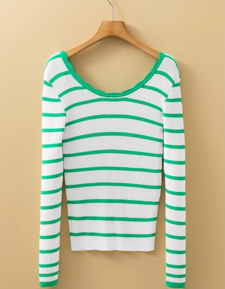 Bright Green Scalloped Trim U Neck Striped Ribbed Slim Sweater