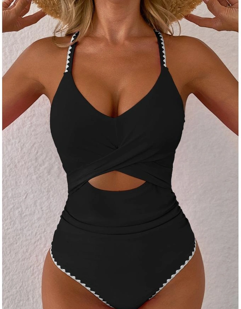 Black Ric Rac Trim Contrasted Patchwork Cutout One Piece Swimsuit