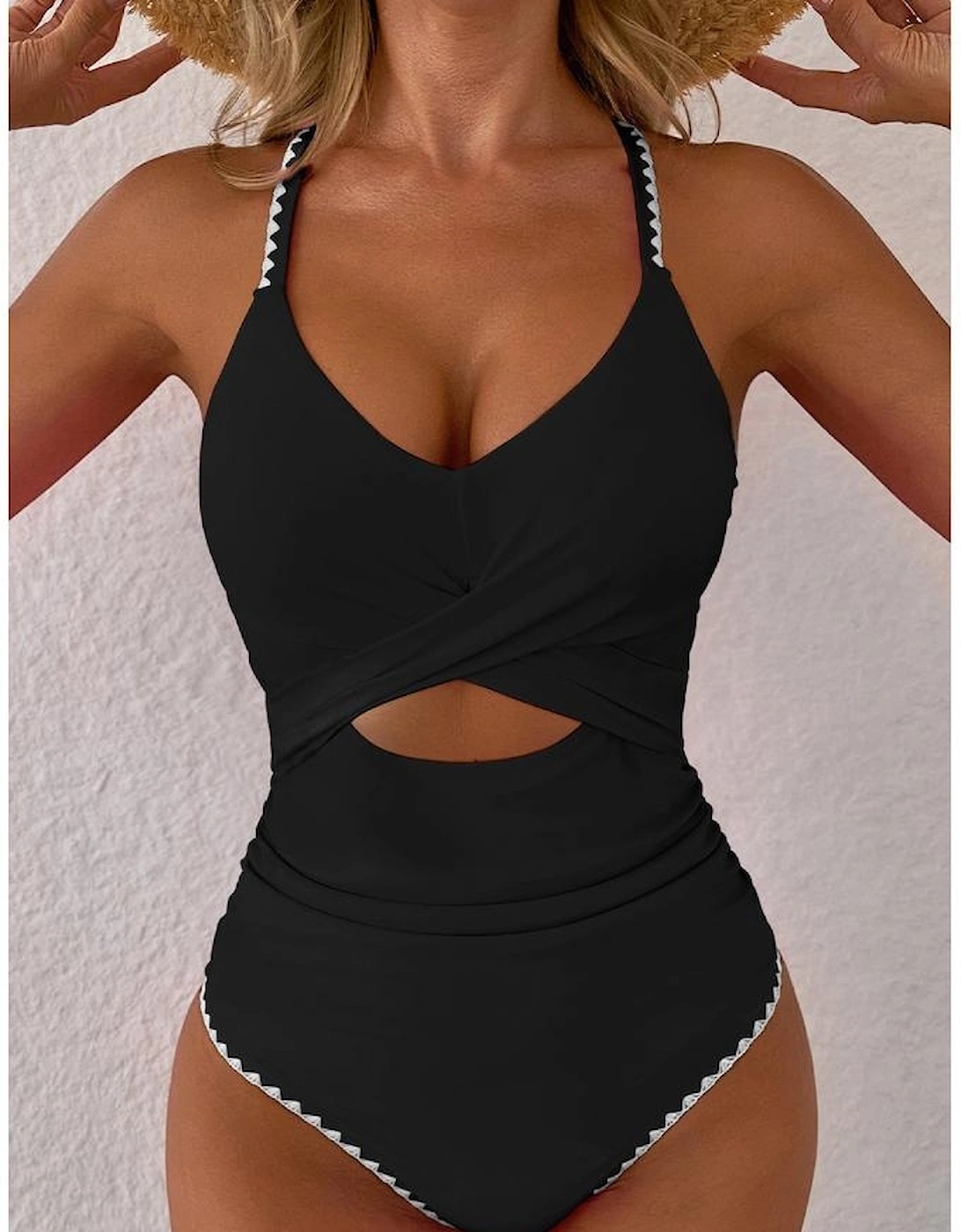 Black Ric Rac Trim Contrasted Patchwork Cutout One Piece Swimsuit