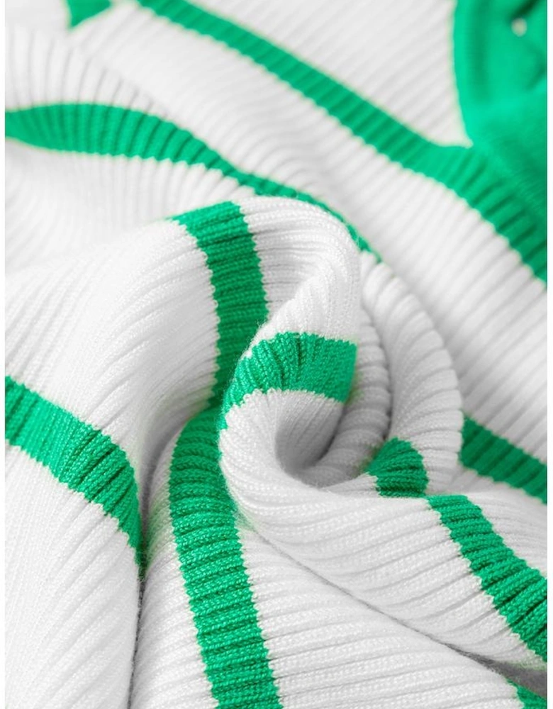 Bright Green Scalloped Trim U Neck Striped Ribbed Slim Sweater