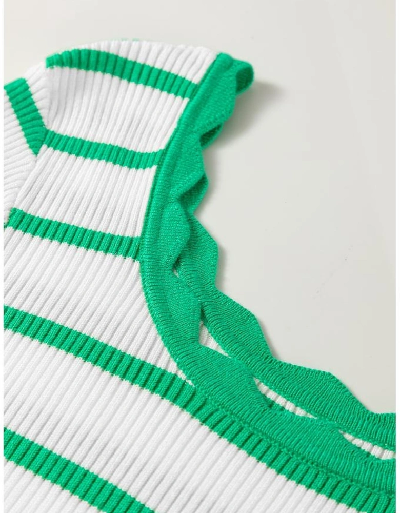 Bright Green Scalloped Trim U Neck Striped Ribbed Slim Sweater