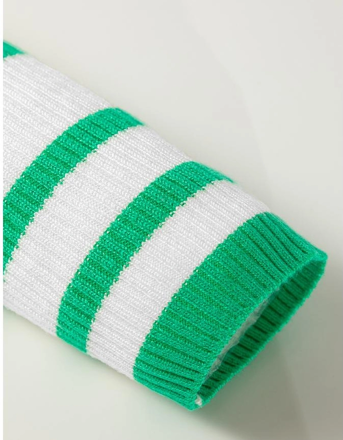 Bright Green Scalloped Trim U Neck Striped Ribbed Slim Sweater