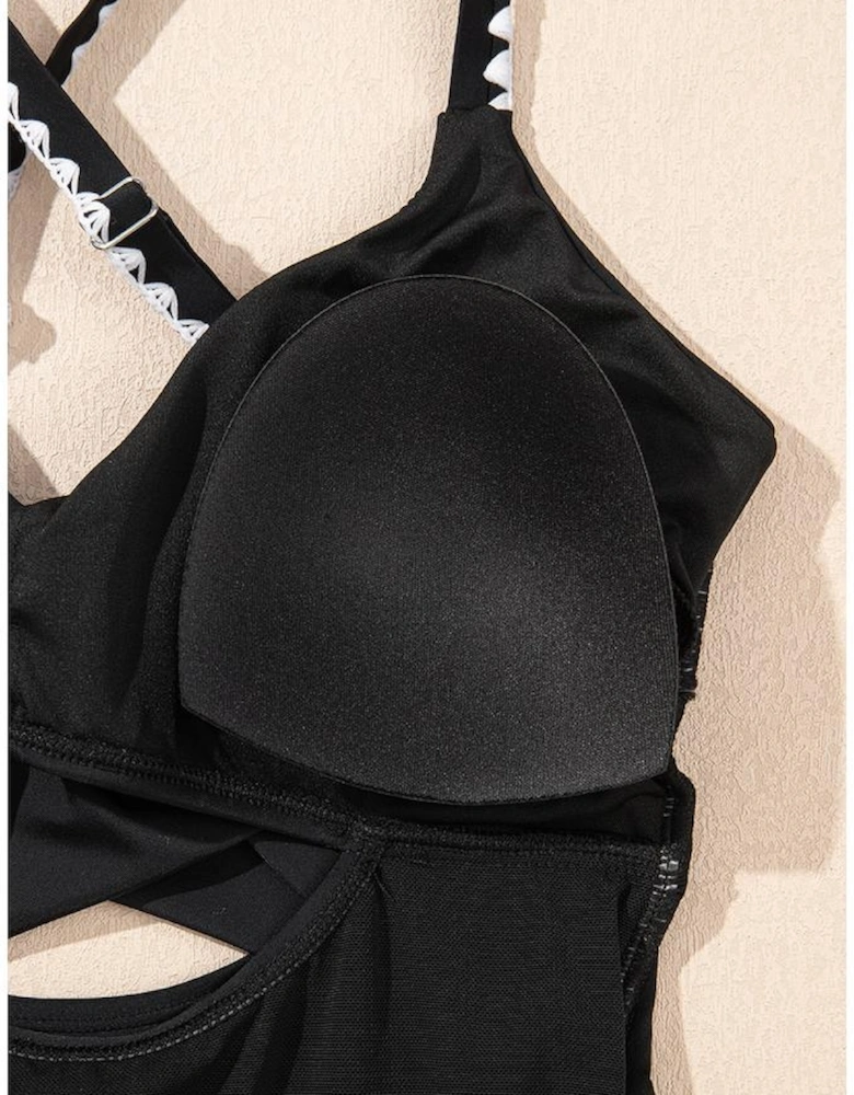 Black Ric Rac Trim Contrasted Patchwork Cutout One Piece Swimsuit