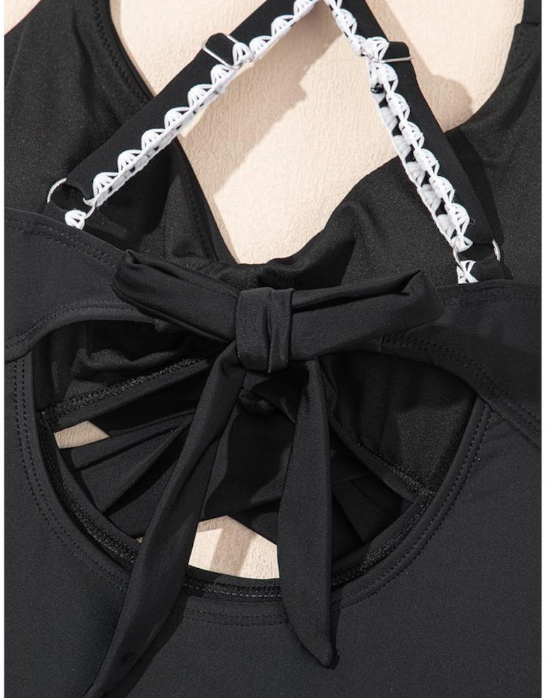 Black Ric Rac Trim Contrasted Patchwork Cutout One Piece Swimsuit