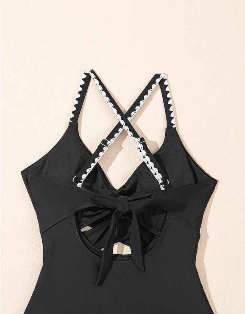 Black Ric Rac Trim Contrasted Patchwork Cutout One Piece Swimsuit