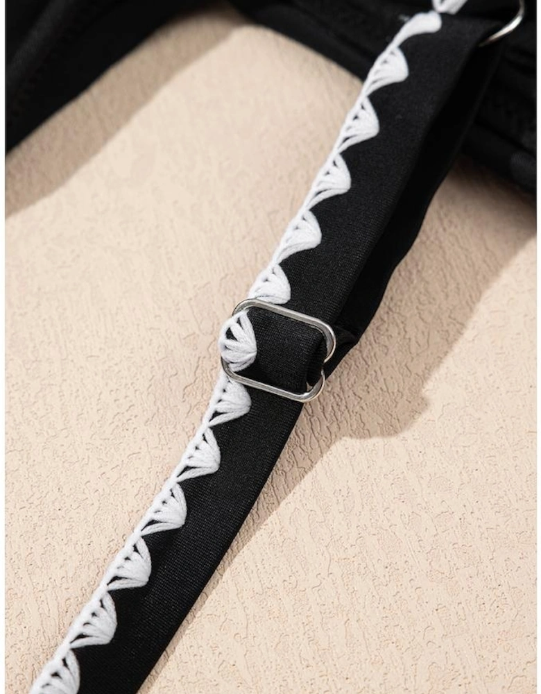 Black Ric Rac Trim Contrasted Patchwork Cutout One Piece Swimsuit