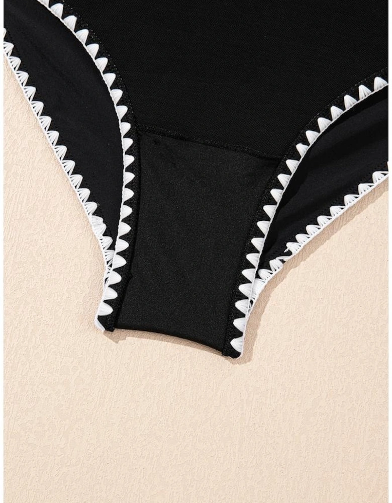Black Ric Rac Trim Contrasted Patchwork Cutout One Piece Swimsuit