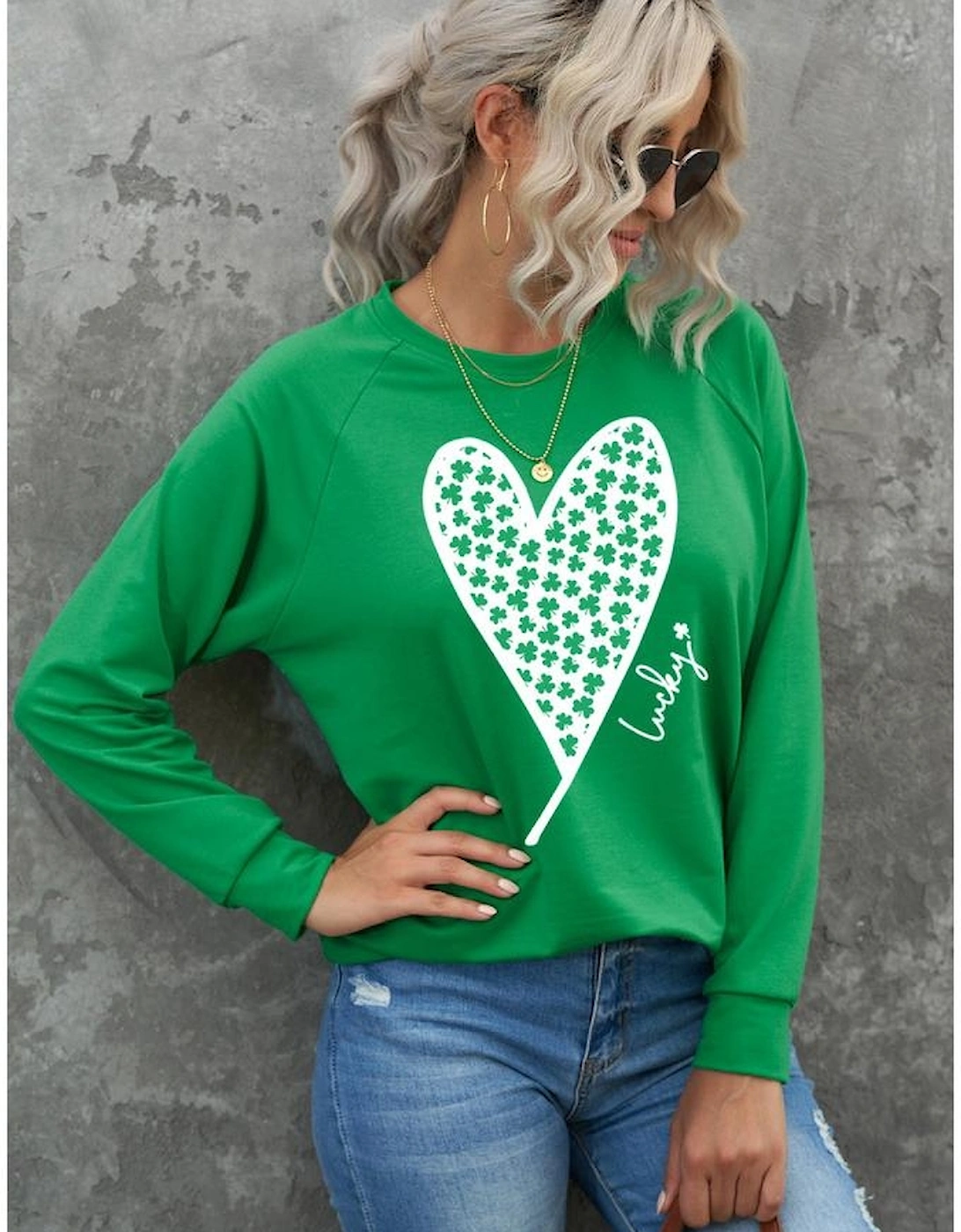 Green Lucky Clover Heart Graphic Raglan Sleeve Sweatshirt