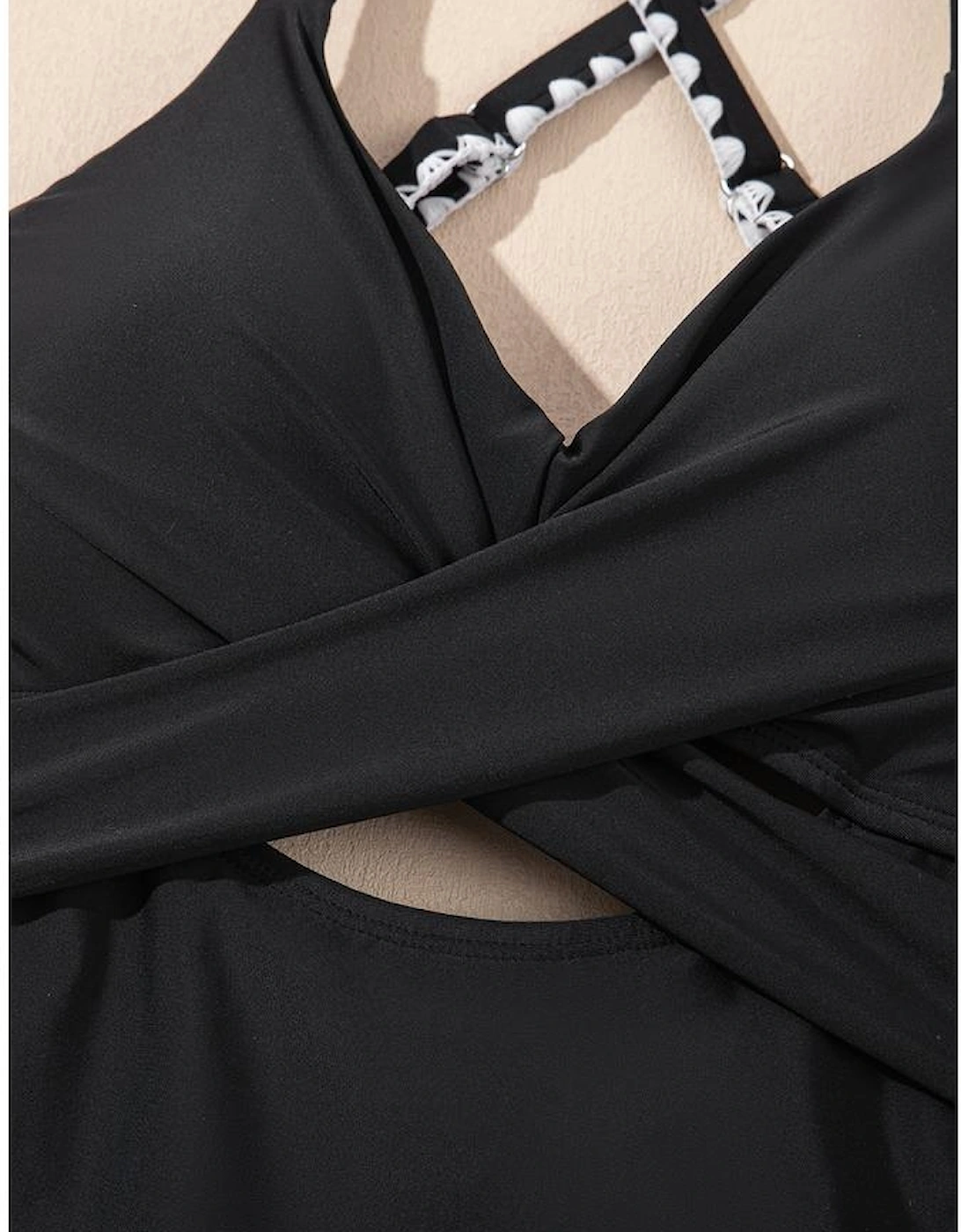 Black Ric Rac Trim Contrasted Patchwork Cutout One Piece Swimsuit