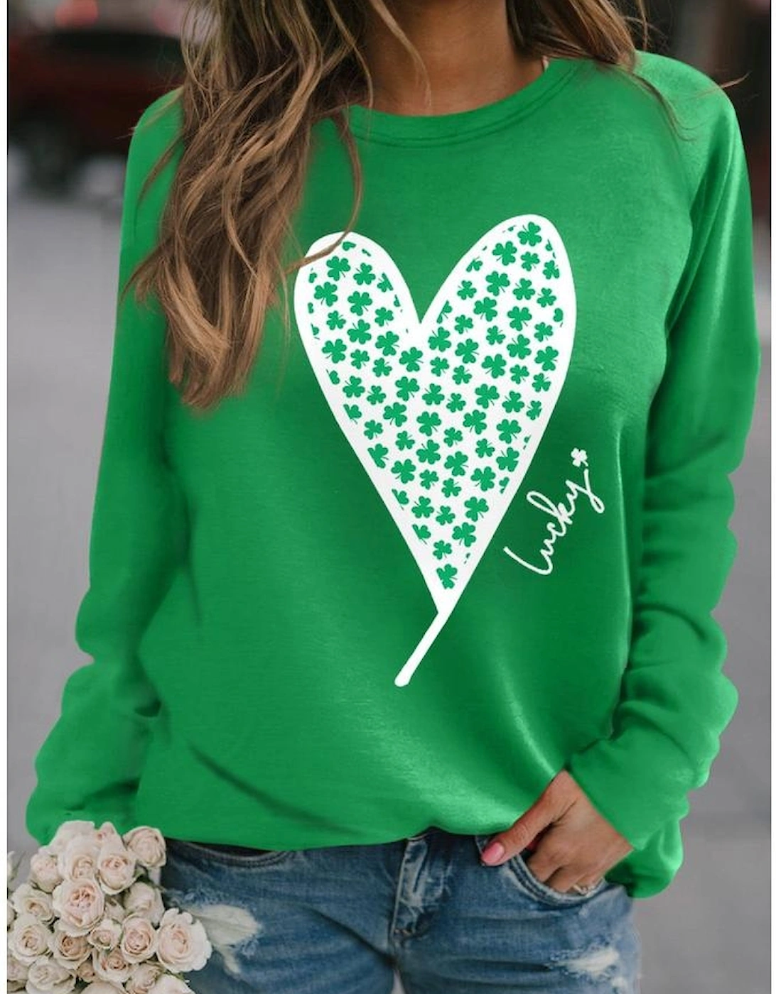 Green Lucky Clover Heart Graphic Raglan Sleeve Sweatshirt, 10 of 9