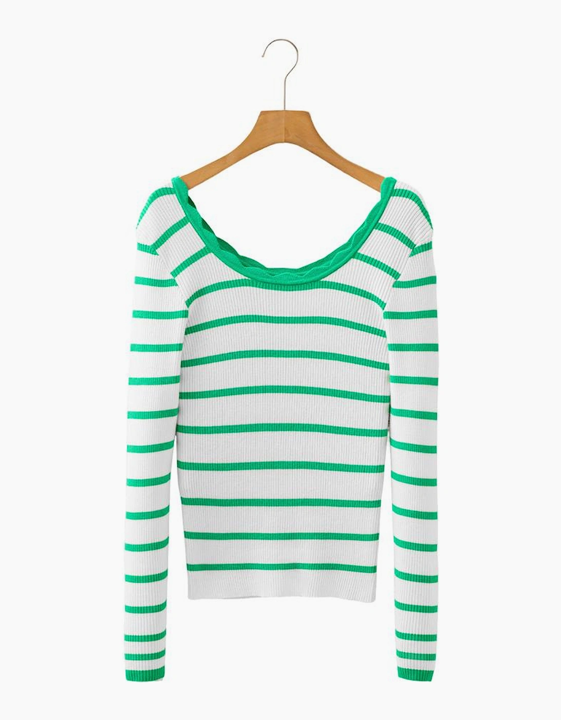 Bright Green Scalloped Trim U Neck Striped Ribbed Slim Sweater
