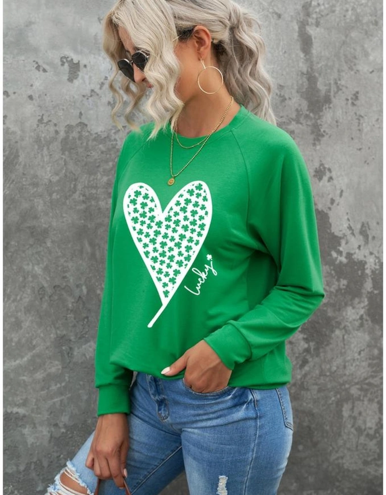 Green Lucky Clover Heart Graphic Raglan Sleeve Sweatshirt
