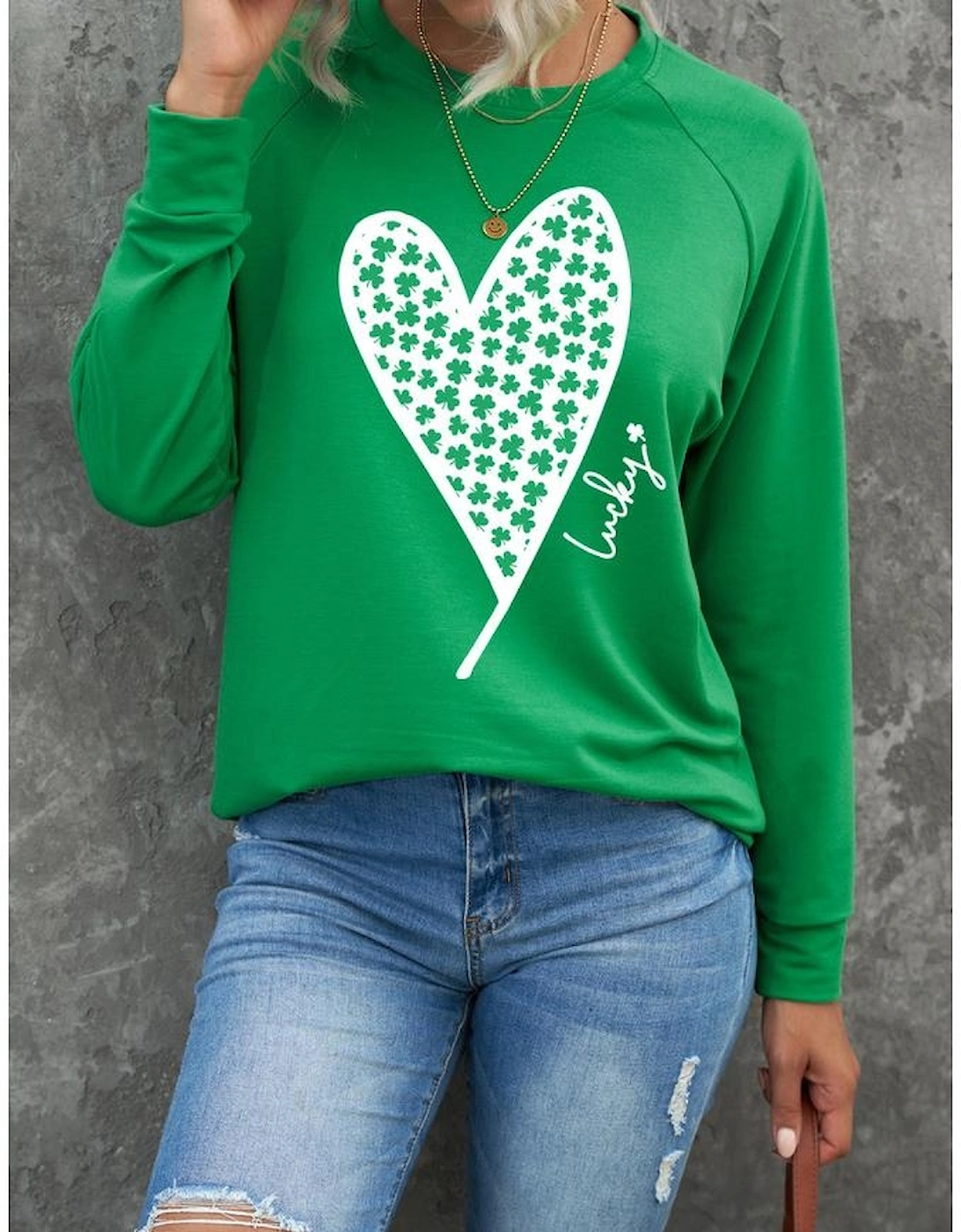 Green Lucky Clover Heart Graphic Raglan Sleeve Sweatshirt