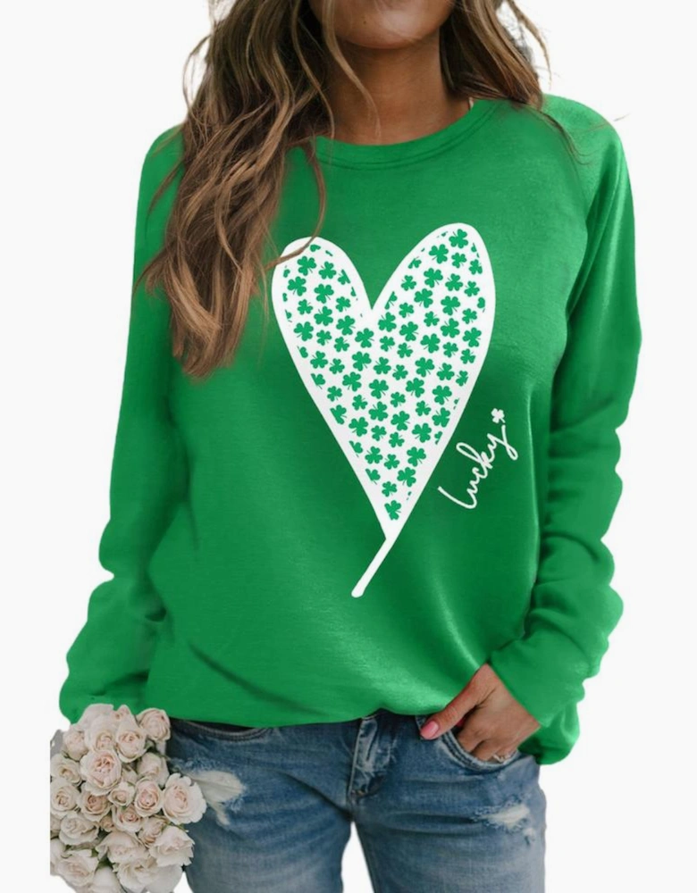 Green Lucky Clover Heart Graphic Raglan Sleeve Sweatshirt
