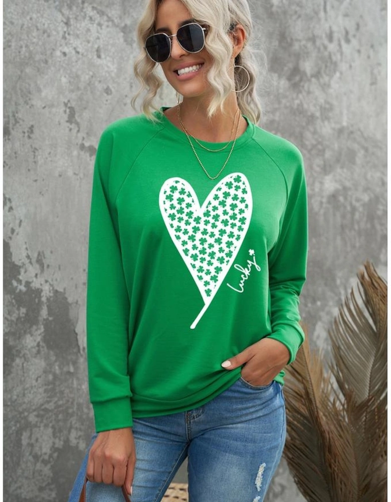 Green Lucky Clover Heart Graphic Raglan Sleeve Sweatshirt