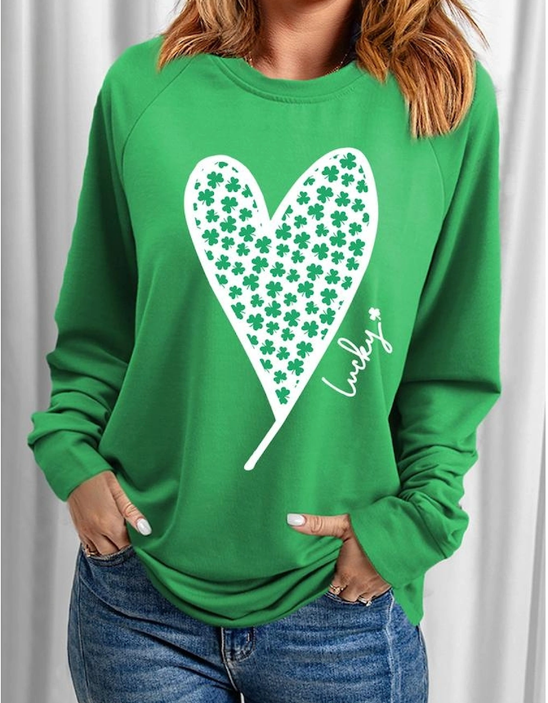 Green Lucky Clover Heart Graphic Raglan Sleeve Sweatshirt