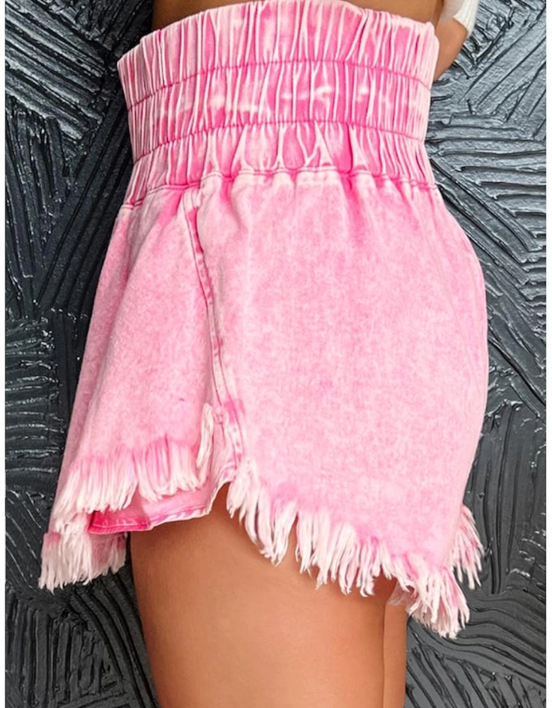 Pink Washed Wide Smocked Waistband Frayed Denim Shorts