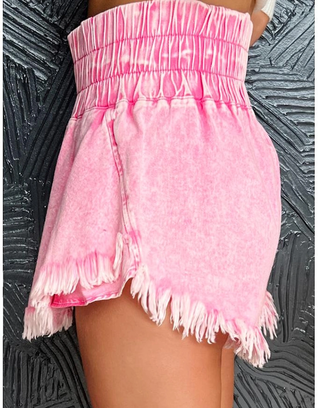 Pink Washed Wide Smocked Waistband Frayed Denim Shorts