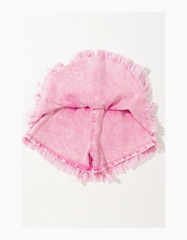Pink Washed Wide Smocked Waistband Frayed Denim Shorts