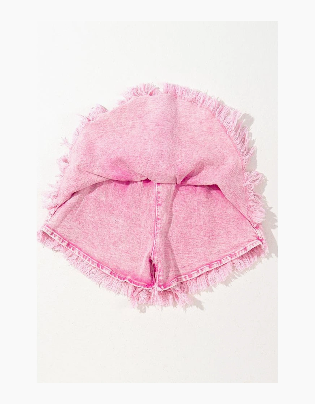 Pink Washed Wide Smocked Waistband Frayed Denim Shorts