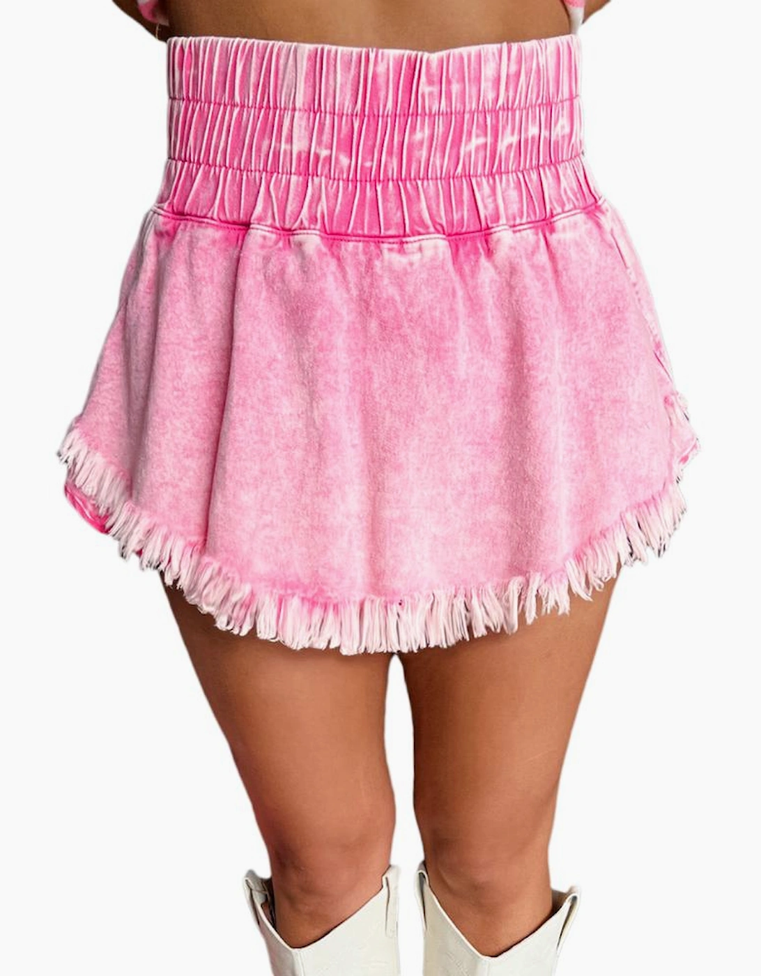 Pink Washed Wide Smocked Waistband Frayed Denim Shorts