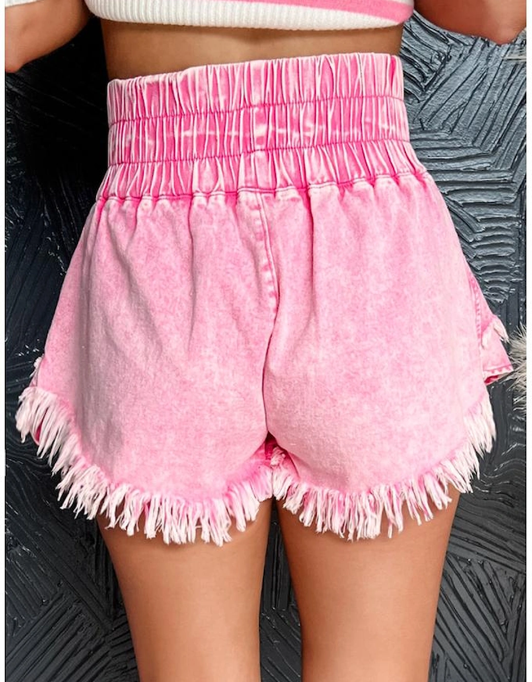 Pink Washed Wide Smocked Waistband Frayed Denim Shorts, 11 of 10