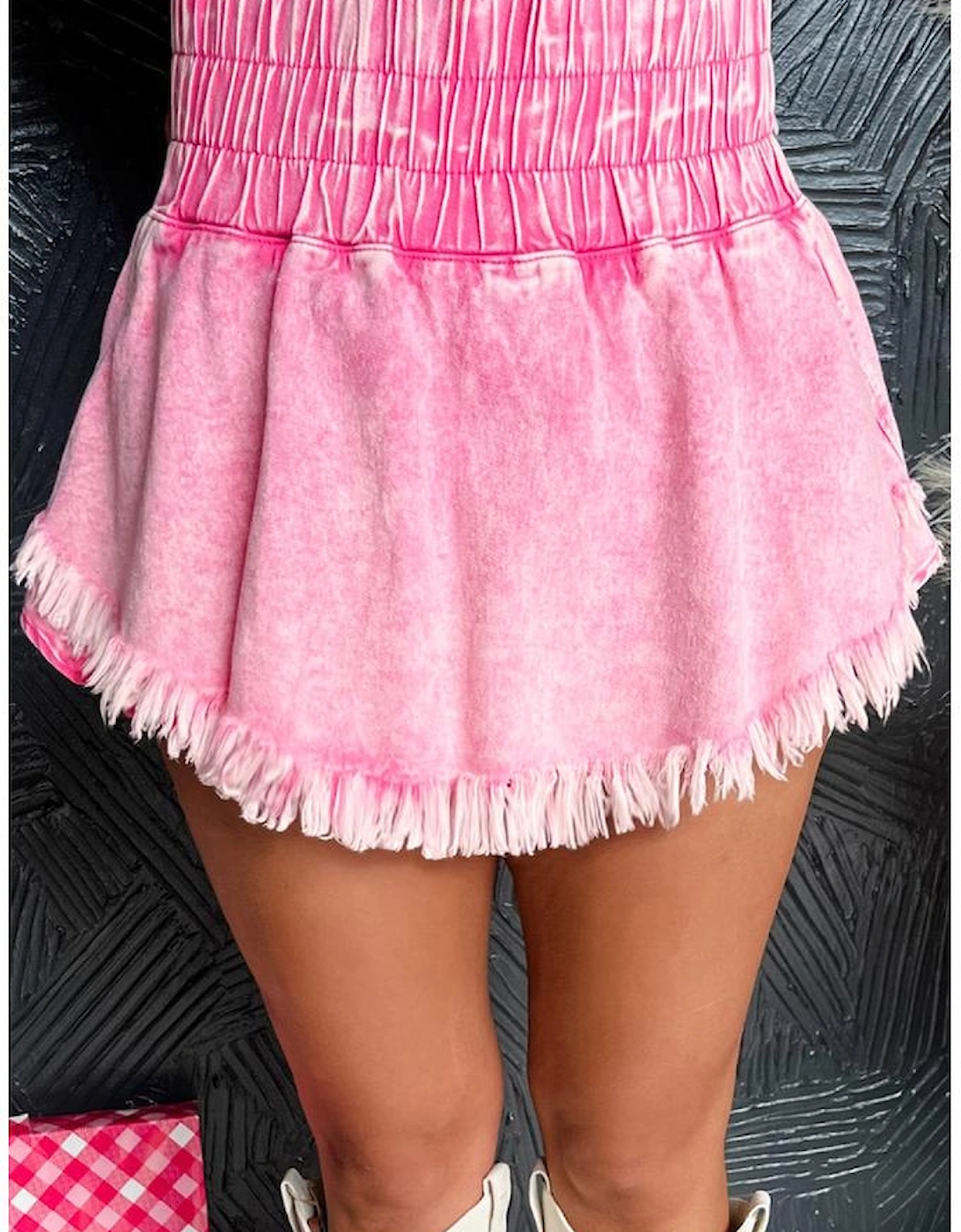 Pink Washed Wide Smocked Waistband Frayed Denim Shorts