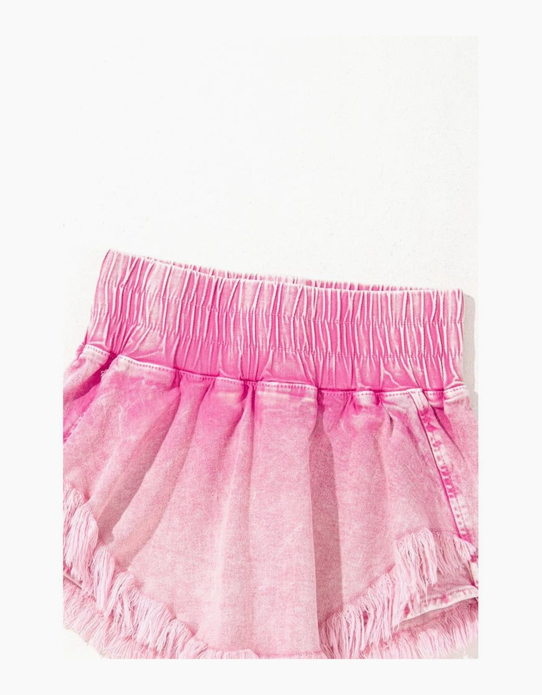 Pink Washed Wide Smocked Waistband Frayed Denim Shorts