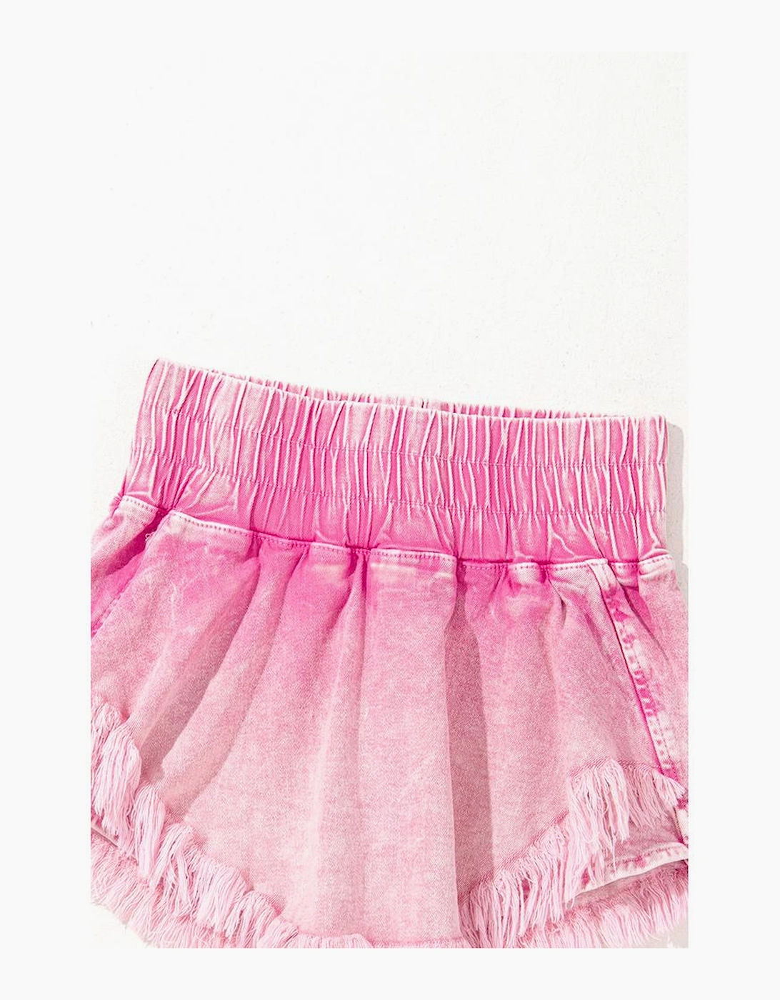 Pink Washed Wide Smocked Waistband Frayed Denim Shorts