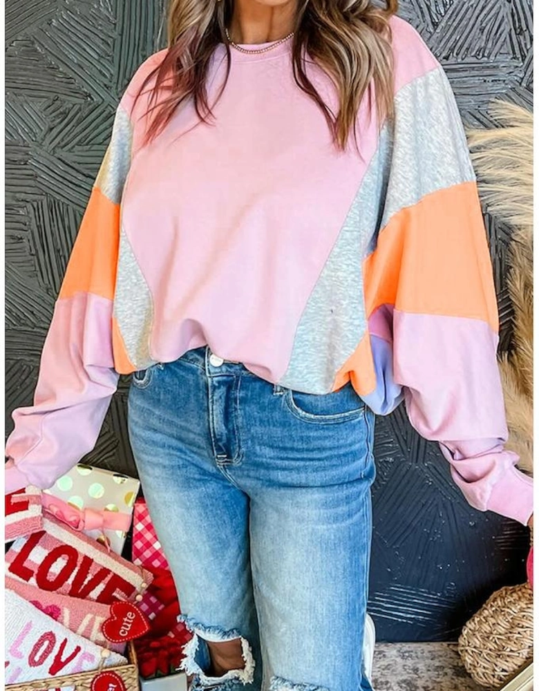Light Pink Color Block Batwing Sleeve Loose Fit Sweatshirt